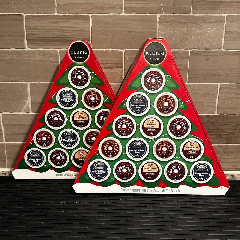 Set of Two Empty Keurig Coffee Holiday Christmas Tree Triangle Shaped Boxes 2014